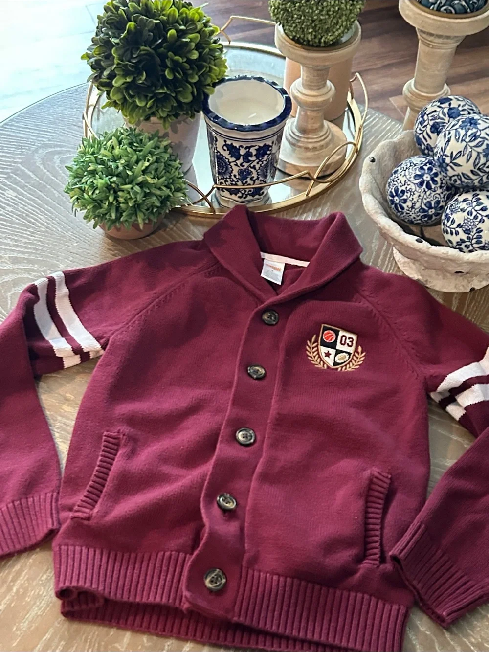 Gymboree Burgundy Button Up Cardigan Sweater Varsity Football Basketball Crest